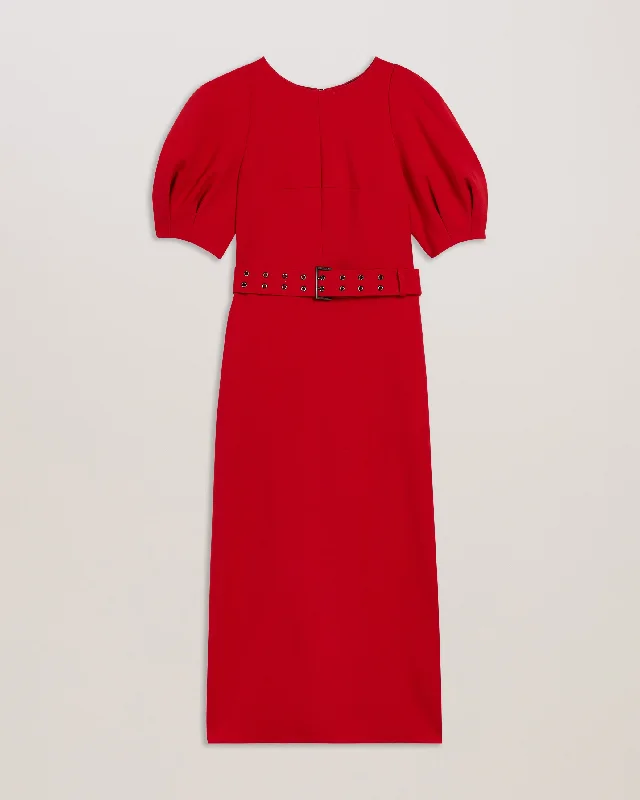 Gabyela Puff Sleeve Midi Dress With Belt Red