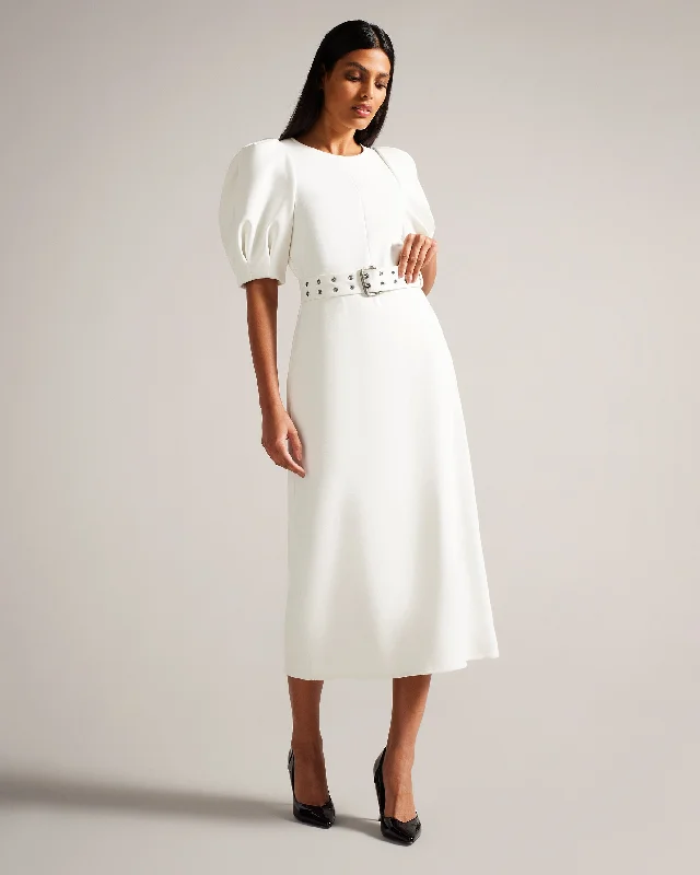 Gabyela Puff Sleeve Midi Dress With Belt White