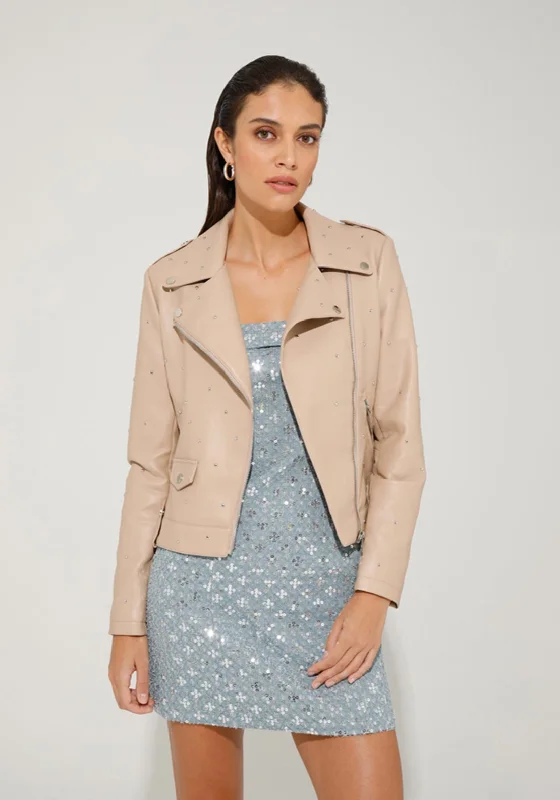 Goa Goa Rivet Detail Leather Jacket, Beige