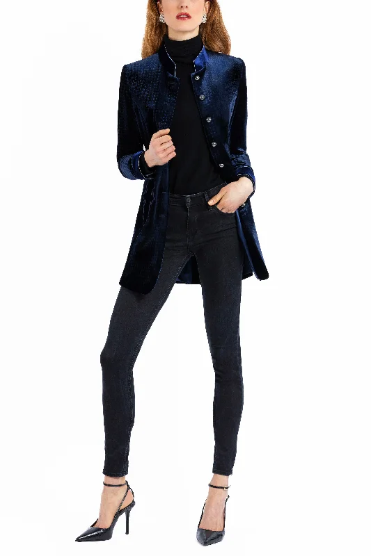 Long Blazer from dark blue embossed velvet.