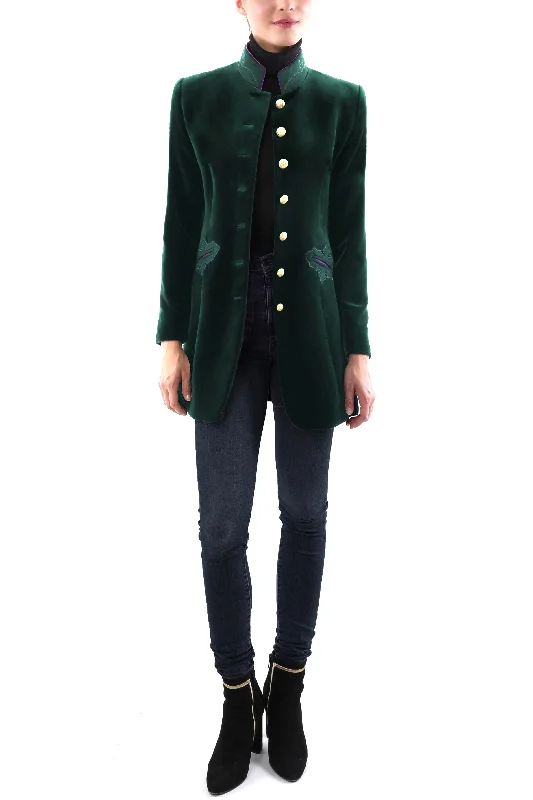 Long blazer from dark green velvet and loden