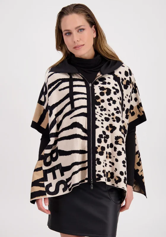 Monari Animal Print Zip Up Poncho, Beige