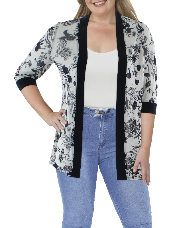 Petites Womens Mesh Floral Duster Blazer