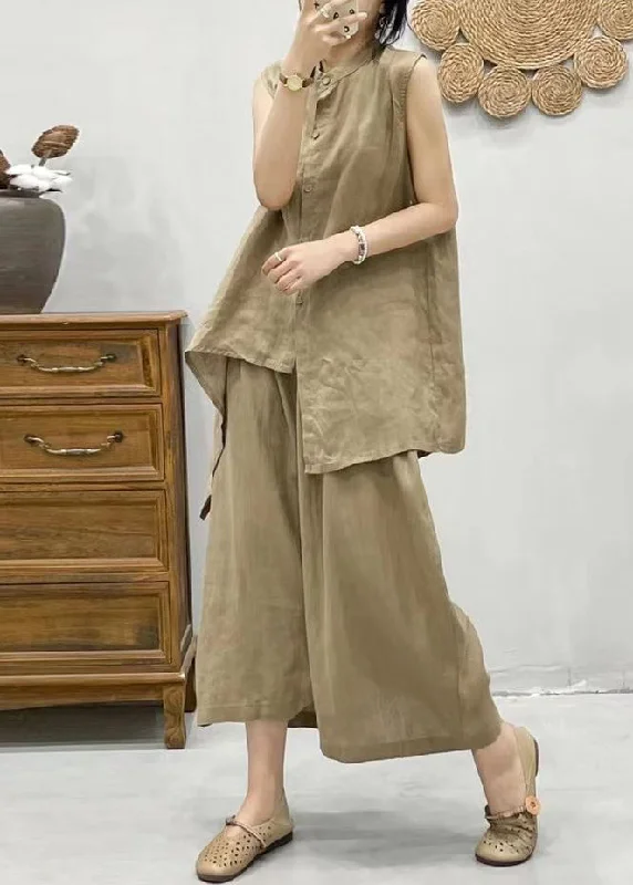 Plus Size Coffee Stand Collar Asymmetrical Patchwork Linen Waistcoat And Crop Pants Two Pieces Set Summer