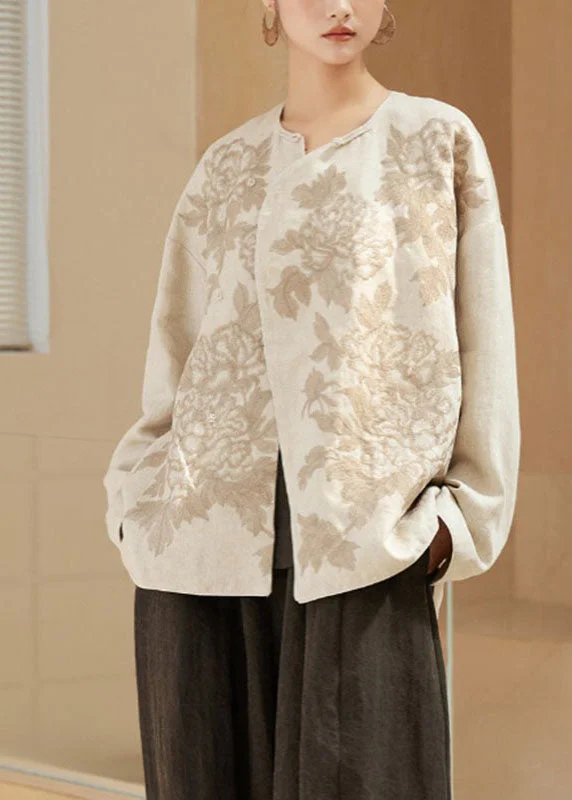 Plus Size Embroideried Floral Button Linen Coats Long Sleeve