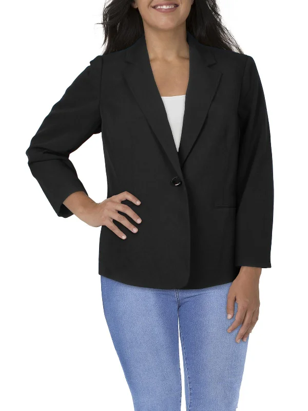 Plus Womens Solid Polyester One-Button Blazer