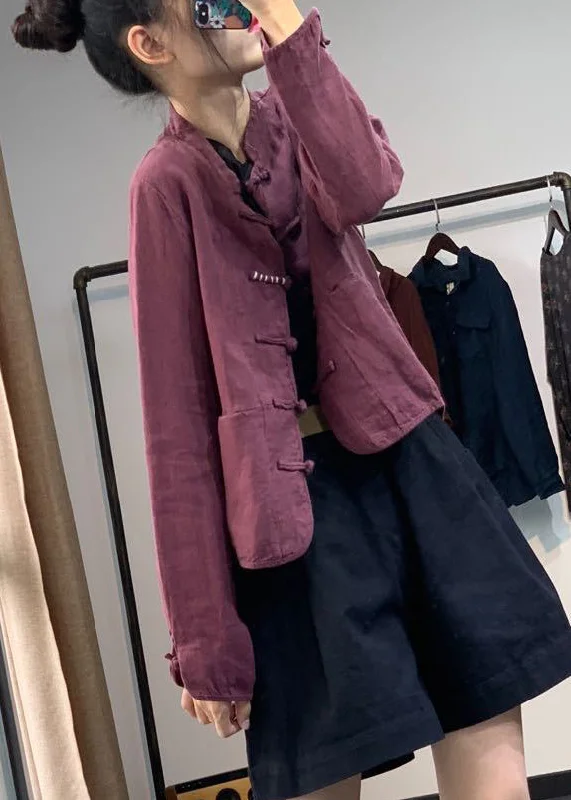 Retro Purple Chinese Button Pockets Linen Coat Fall