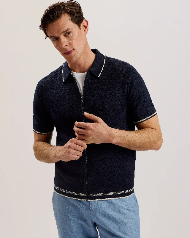 Rojor Ss Zip Through Textured Front Polo Navy