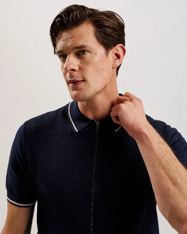 Rojor Ss Zip Through Textured Front Polo Navy