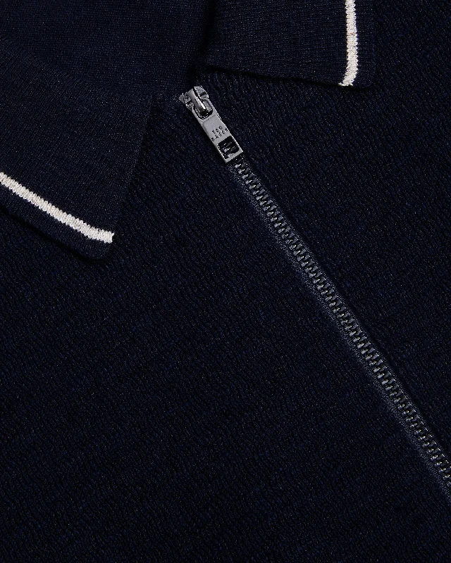 Rojor Ss Zip Through Textured Front Polo Navy