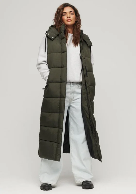 Superdry Hooded Ripstop Longline Gilet, Green