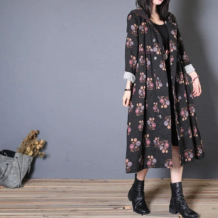 top quality black print overcoat casual long coat fall hooded wrinkled coat