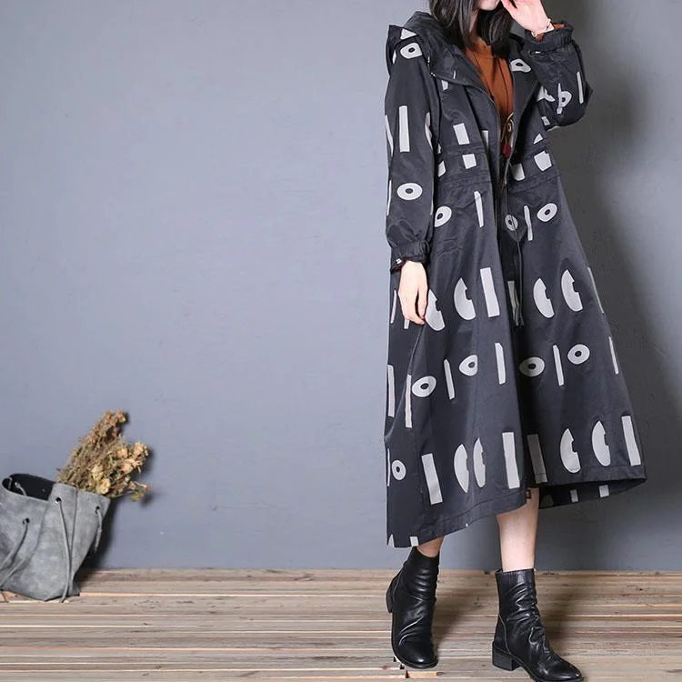 top quality black prints hooded coat oversized trench coat fall drawstring