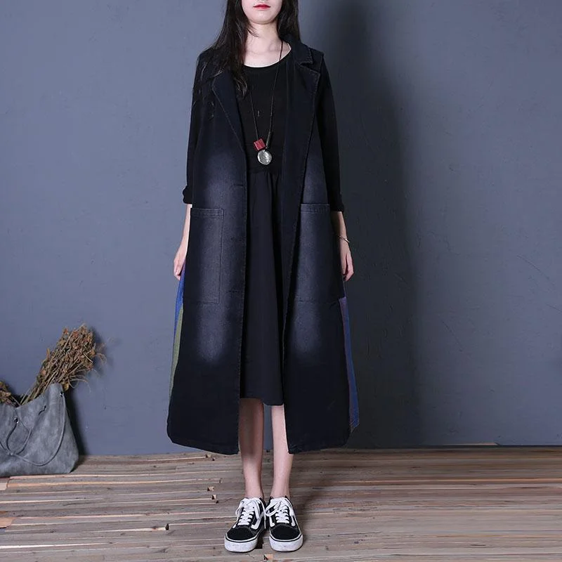 top quality denim black coats oversize long coats fall outwear Notched sleeveless