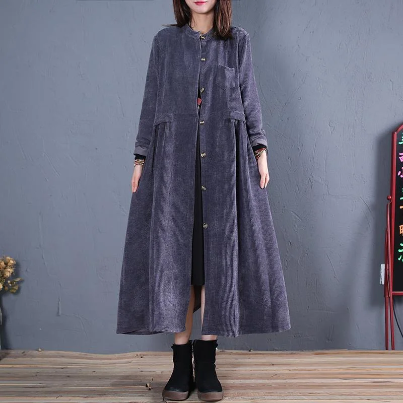 Top Quality Plus Size Long Coat Fall Navy O Neck Pockets Coats