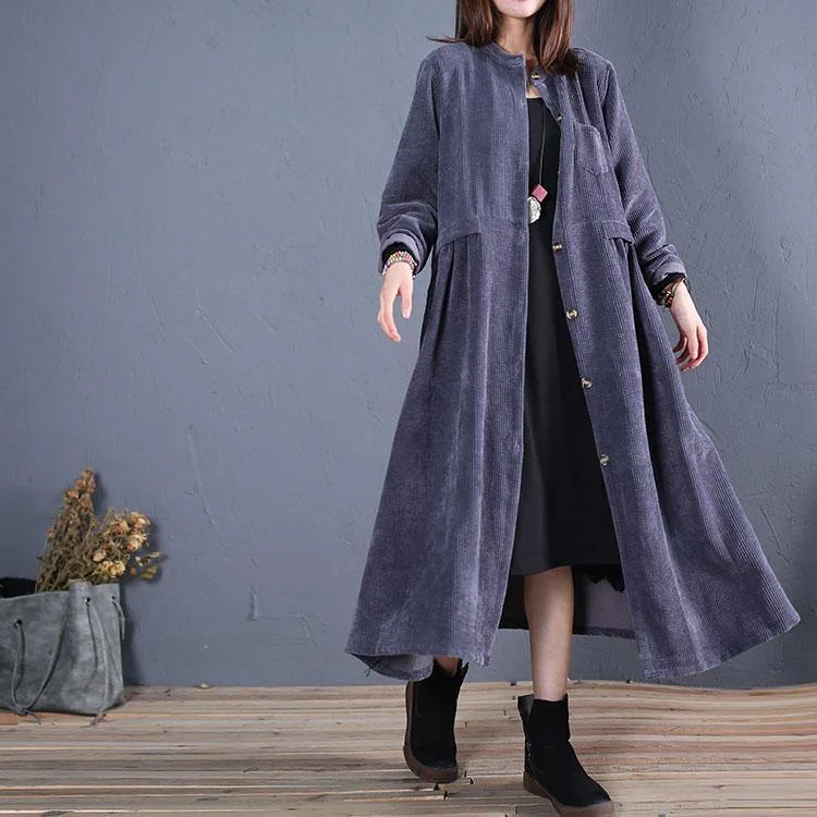 Top Quality Plus Size Long Coat Fall Navy O Neck Pockets Coats