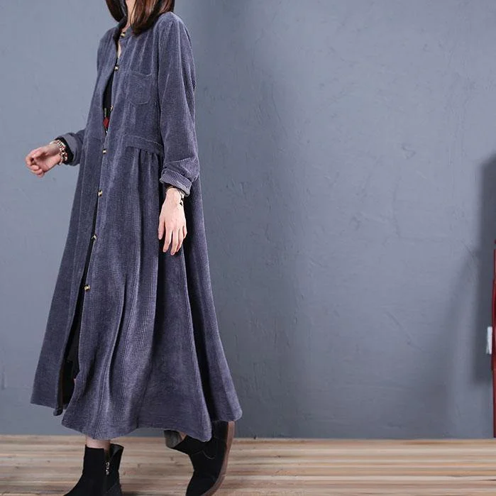 Top Quality Plus Size Long Coat Fall Navy O Neck Pockets Coats