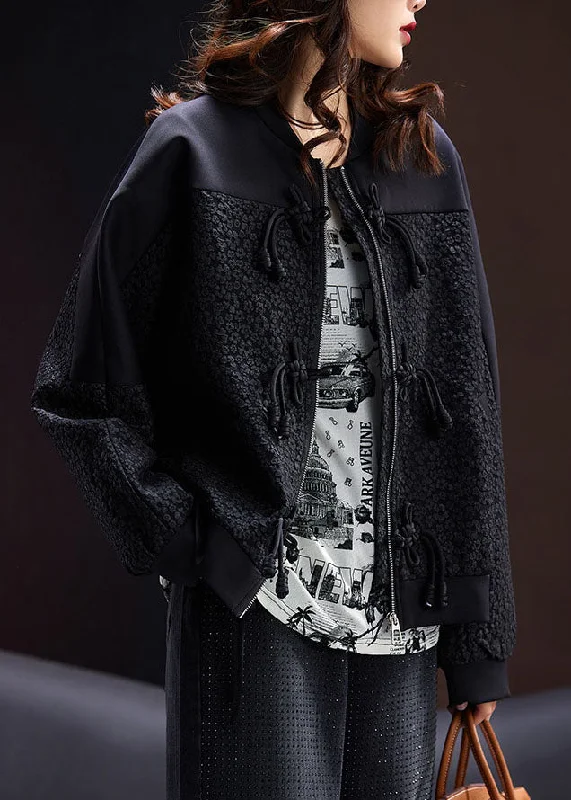 Unique Black Zippered Patchwork Button Coats Fall