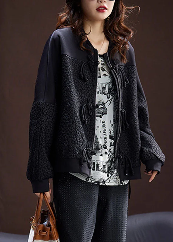 Unique Black Zippered Patchwork Button Coats Fall