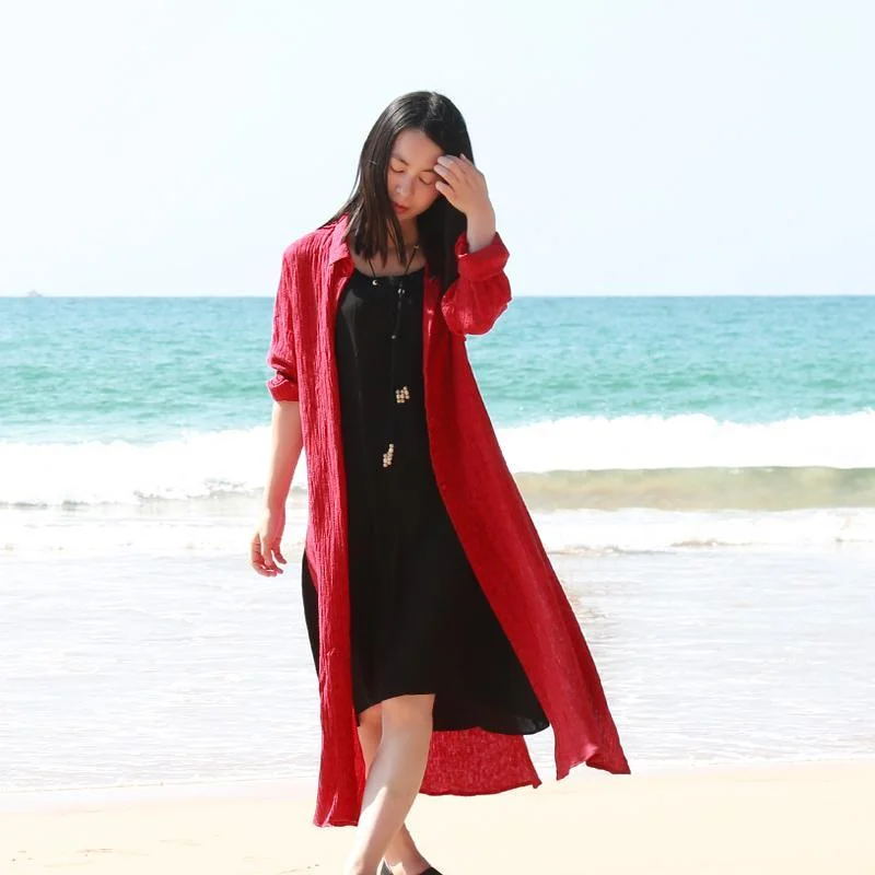 Unique red casual silk linen wrap coat jacquard vintage side open cardigans