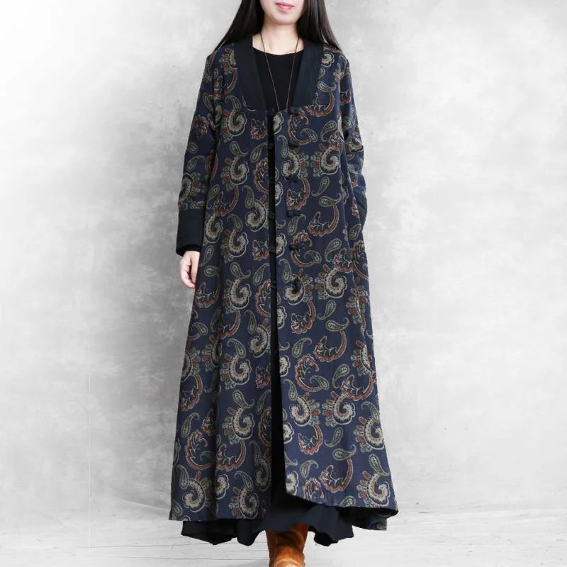 Unique v neck patchwork Plus Size clothes blue print Knee coats fall