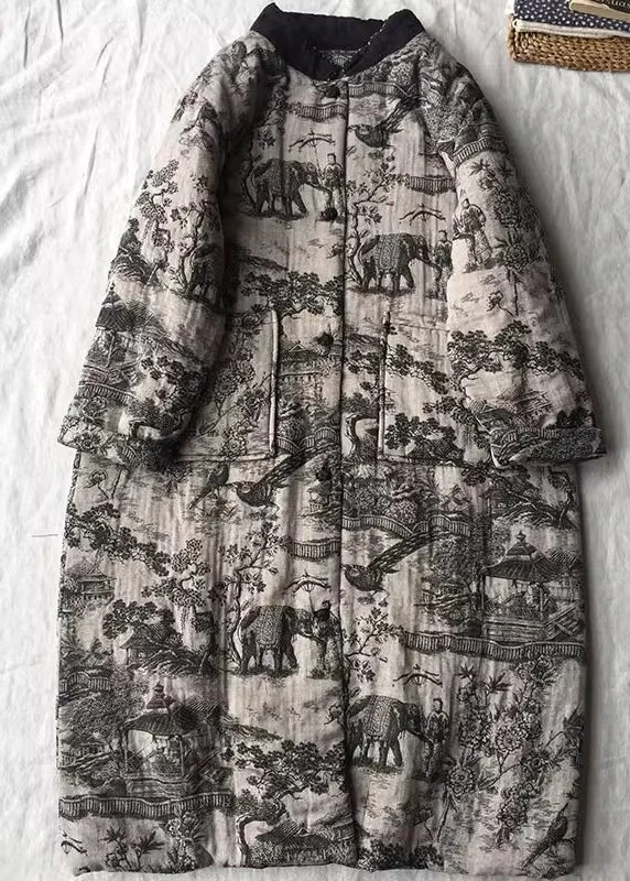 Vintage Apricot Oversized Print Fine Cotton Filled Long Coats Winter