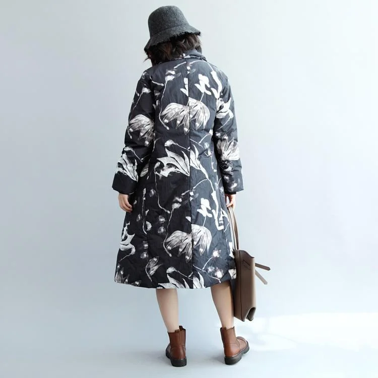 vintage black floral down jacket oversize down coat New side tie asymmetricalcoats