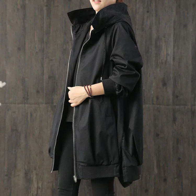 vintage black Loose fitting coat fall women hooded zippered drawstring coats