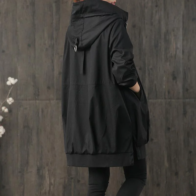 vintage black Loose fitting coat fall women hooded zippered drawstring coats