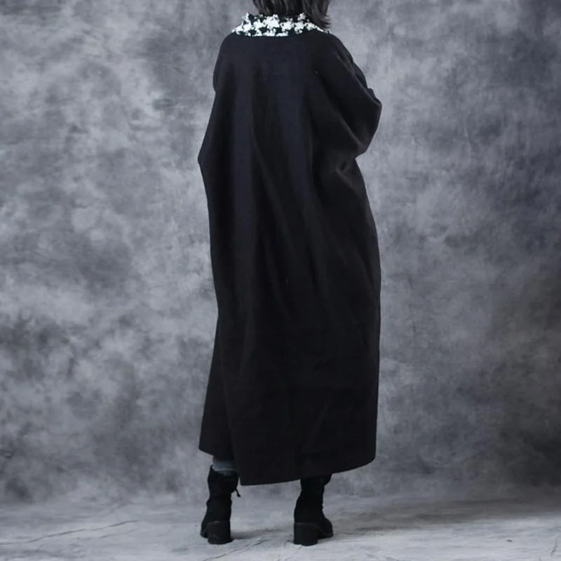 vintage black Wool Coat plus size clothing baggy trench coat women pockets trench coat