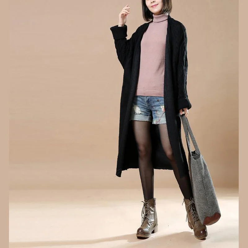 vintage black woolen sweater cardigans patchwork  wool jackets oversized long coats Fine Jackets & Coats