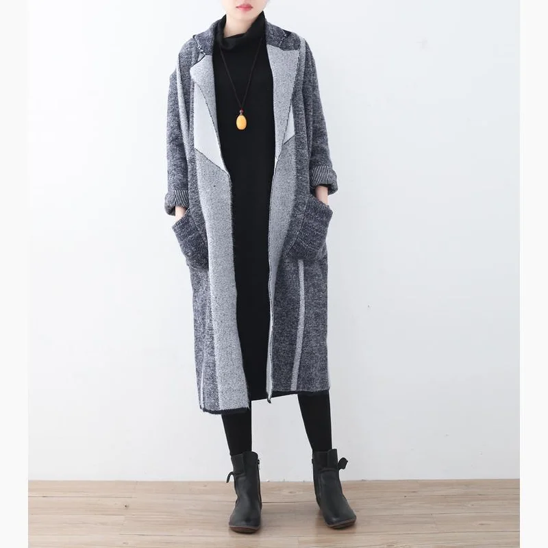 vintage gray coat for woman casual maxi coat Notched outwear patchwork pockets long coats