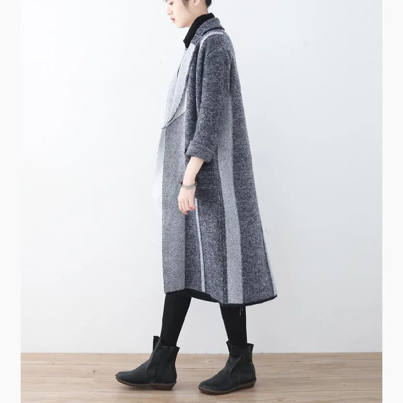 vintage gray coat for woman casual maxi coat Notched outwear patchwork pockets long coats