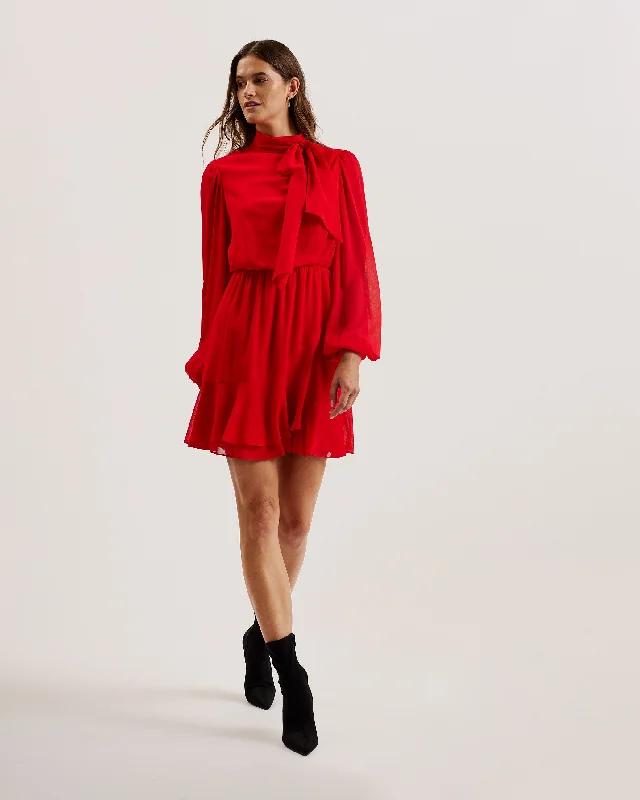 Zebrina Neck Tie Detail Long Sleeve Mini Dress Red