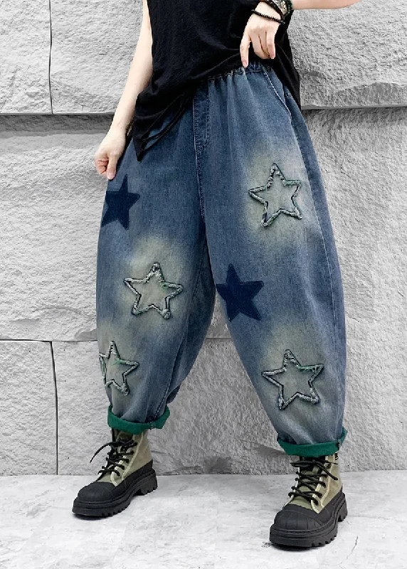 Casual Blue Five Pointed Star Patch Elastic Waist Denim Harlan Pants Spring