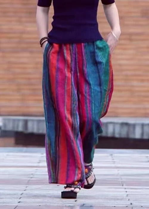 Casual Colorblock Pockets Striped Cotton Wide Leg Pants Summer