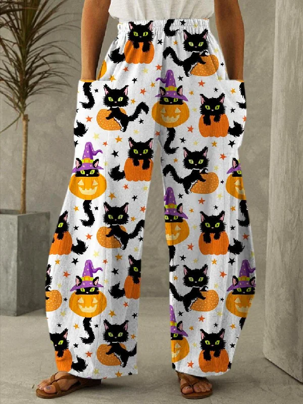 Cute Halloween Pumpkin Black Cat Print Casual Pants