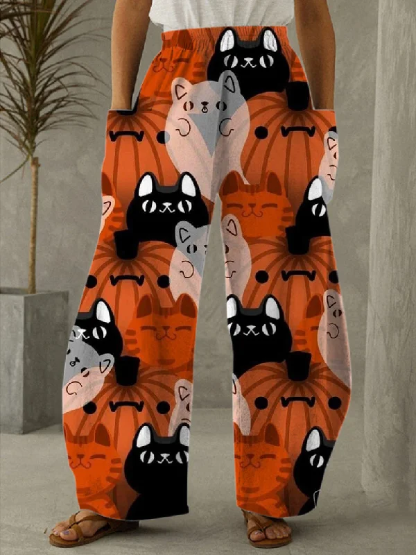 Halloween Funny Pumpkin And Cat Print Casual Pants