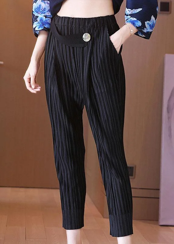 Italian Black Elastic Waist Button Harem  Pants