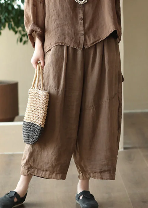 Loose Coffee Pockets Elastic Waist Linen Crop Pants Summer