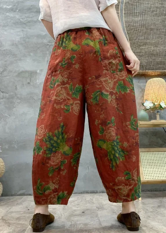 Loose Red Print Pockets Linen Crop Pants Summer