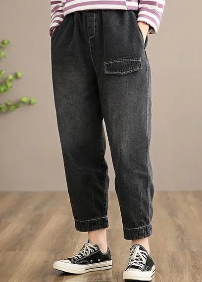 Modern Denim Black Jeans Stylish Spring Elastic Waist Photography Wild Trousers