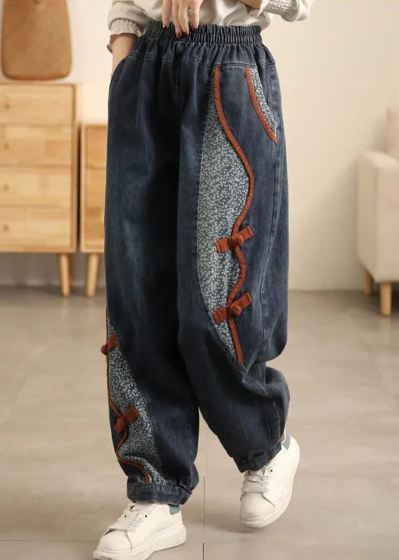 New Denim Blue Pockets Elastic Waist Patchwork Crop Pants Fall