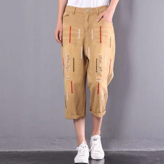 new yellow casual cotton  ripped jeans oversize embroidery elastic waist pants