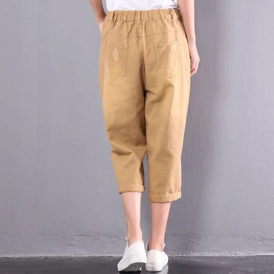 new yellow casual cotton  ripped jeans oversize embroidery elastic waist pants