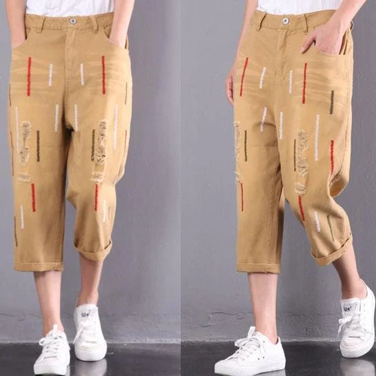 new yellow casual cotton  ripped jeans oversize embroidery elastic waist pants