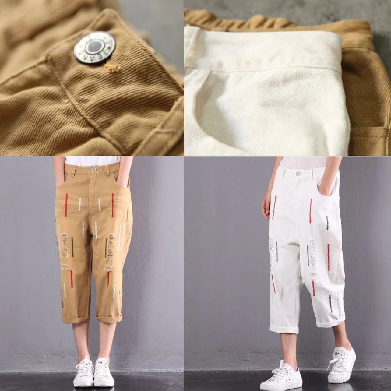 new yellow casual cotton  ripped jeans oversize embroidery elastic waist pants