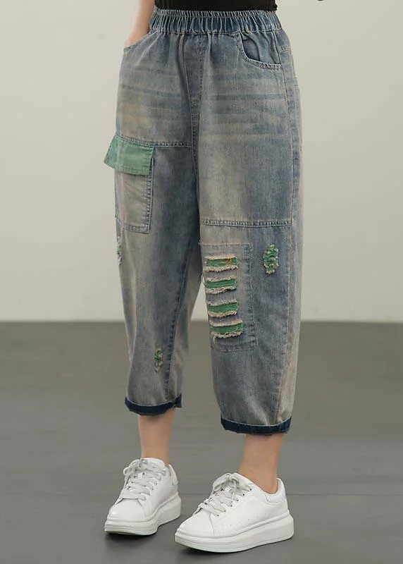 Plus Size  Blue Elastic Waist Hole Denim  Pants Summer