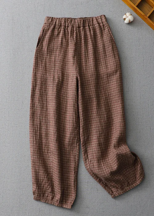 Plus Size Plaid Pockets Elastic Waist Linen Crop Pants Summer