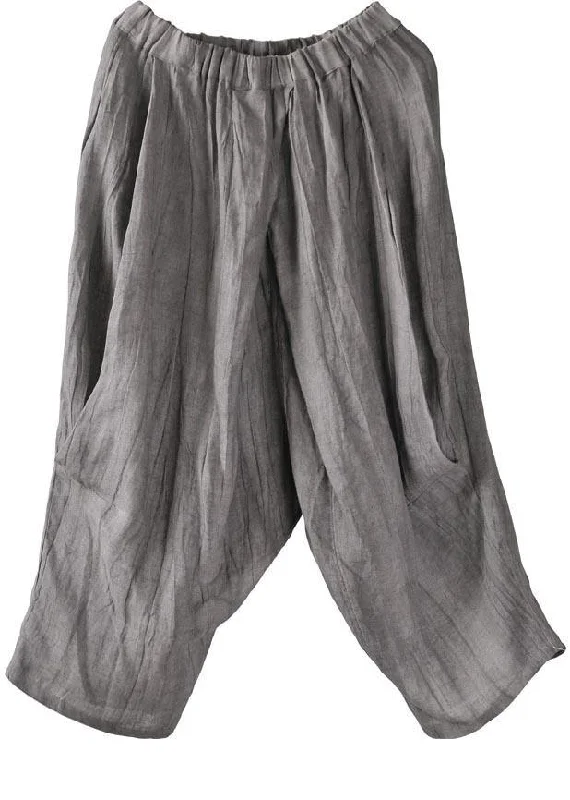 Unique Grey Elastic Waist Cotton Linen Wide Leg Summer Pants